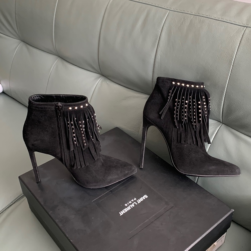 Saint Laurent Black Suede Studded-fringe Bootie - Picture 7 of 15